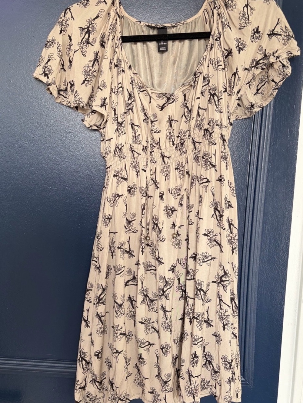 H&M Cream Botanical Floral Flutter Sleeve Boho Mini Dress Size 4